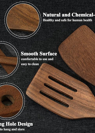 Wooden Spatula Nonstick Turner Acacia Wood, 12" Long Handle Flat Frying Spatulas Handmade for Kitchen Gifts, Ideal Cookware Utensils for Cooking Eggs, Fish, Pancakes, 2 Pack
