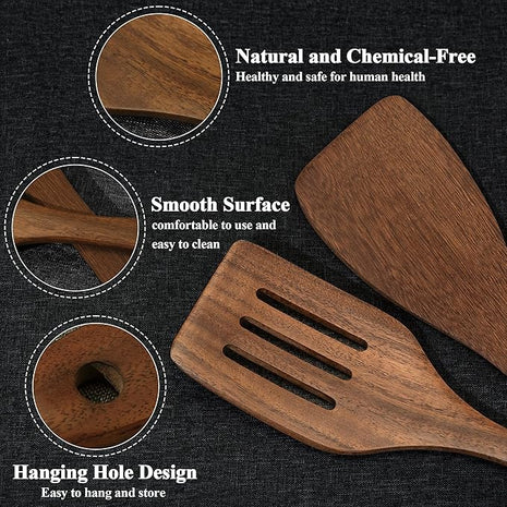 Wooden Spatula Nonstick Turner Acacia Wood, 12" Long Handle Flat Frying Spatulas Handmade for Kitchen Gifts, Ideal Cookware Utensils for Cooking Eggs, Fish, Pancakes, 2 Pack
