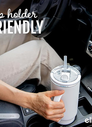 Ello Port 40oz Tumbler with Carry Loop & Integrated Handle, Vacuum Insulated Stainless Steel Reusable Water Bottle, Travel Mug with Leak Proof Lid and Straw, Perfect for Iced Coffee and Tea, Black