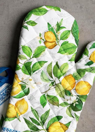 Maison d' Hermine 100% Cotton Oven Mitt & Pot Holder Set (7.5"x13" & 8"x8") Heat Resistant BBQ Cooking Gloves with Loop, Baking, Grilling, Kitchen, Handling Hot Pans Spring/Summer (Cedrat)