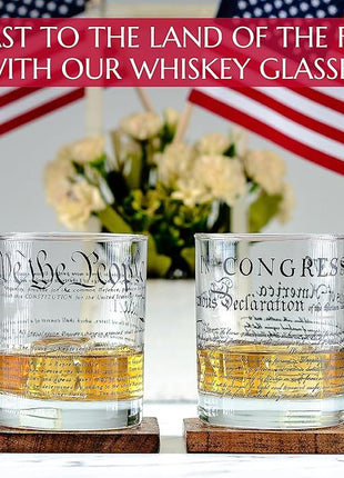 Greenline Goods Whiskey Glasses – United States Constitution + Declaration Glass (Set of 2) - 10 oz Tumblers - American US Patriotic Gift Set - Old Fashioned We The People Cocktail Glasses