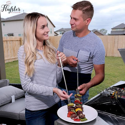 "FLAFSTER KITCHEN BBQ Skewers for Grilling - 16" Stainless Steel Flat Kebab Sticks with Push Bar, Reusable Metal Shish Kabob Skewers, Set of 6"