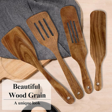 Wooden Spatula, Heat Resistant Cooking Wood Spatulas Spurtles for Non Stick Cookware Kitchen Use, Handmade Non Toxic Teak Wooden Cooking Utensil Spurtle Set for Cast Iron Baking Flipping, 4 Piece
