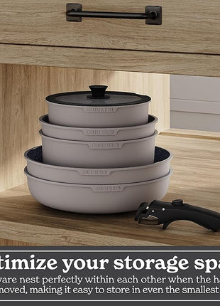 Country Kitchen Cookware Set with Removable Handle, Oven & RV Safe Pots and Pans Set, Grey/Black, Original