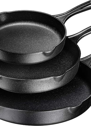 Bruntmor 8, 10 and 12 Inch Pre-Seasoned Frying Pan Set of 3, Oven Safe Skillet, Grill Pan Set, Nonstick Cookware with Side Drip Lips, Black
