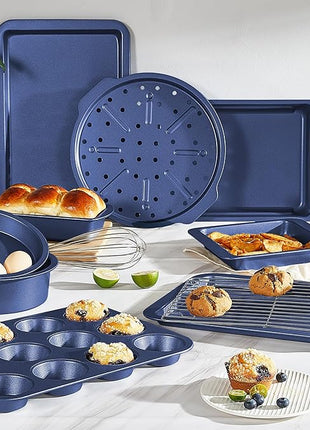 HONGBAKE Bakeware Sets, Baking Pans Set, Nonstick Oven Pan for Kitchen with Wider Grips, 10-Piece Including Rack, Cookie Sheet, Cake Pans, Loaf Pan, Muffin Pan, Pizza Pan - Blue