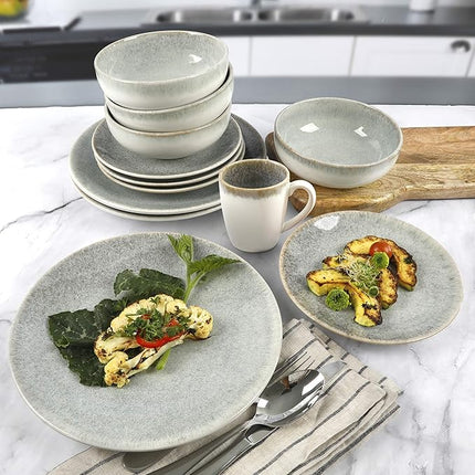 Gibson Elite Kashmir Round Reactive Glaze Stoneware, Dinnerware Set, Service for Four (16pcs), White w/ Blue Speckle