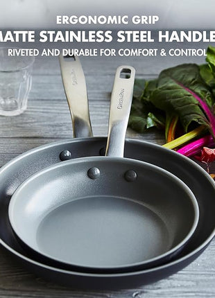 GreenPan Chatham Hard Anodized Healthy Ceramic Nonstick, 8" 9.5" and 11" 3 Piece Frying Pan Skillet Set, PFAS-Free, Dishwasher Safe, Oven and Broiler Safe, Gray