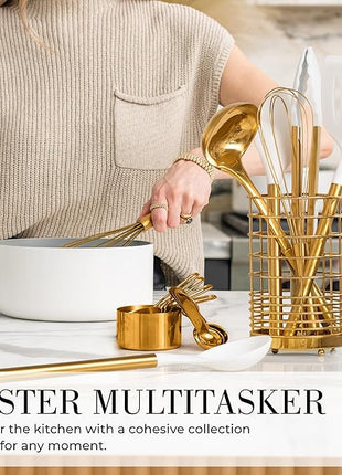 Styled Settings White and Gold Cooking Utensils Set with Holder - 15-Piece Silicone Cooking Tools with Utensil Holder, Measuring Cups, and Spoons - Elegant White and Gold Kitchen Accessories