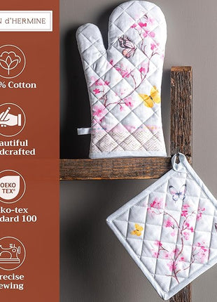 Maison d' Hermine 100% Cotton Oven Mitt & Pot Holder Set (7.5"x13" & 8"x8") Heat Resistant BBQ Cooking Gloves with Loop, Baking, Grilling, Kitchen, Handling Hot Pans Spring/Summer (Blossoms In Spring)
