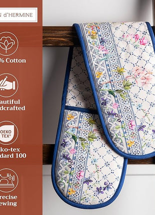 Maison d' Hermine Double Oven Mitts 100% Cotton 7"x35" Double Oven Mitt Heat Resistant BBQ Cooking Gloves with Loop, Baking, Grilling, Home, Kitchen, Handling Hot Pans Spring Summer (Faience)