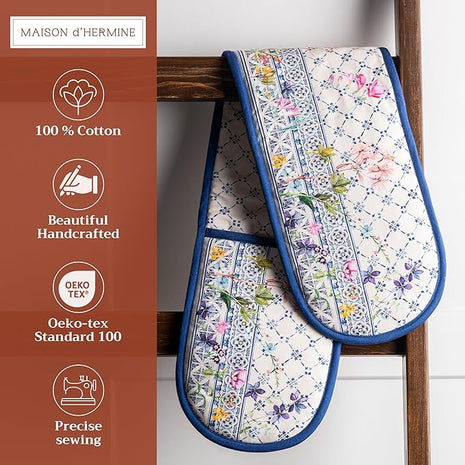 Maison d' Hermine Double Oven Mitts 100% Cotton 7"x35" Double Oven Mitt Heat Resistant BBQ Cooking Gloves with Loop, Baking, Grilling, Home, Kitchen, Handling Hot Pans Spring Summer (Faience)