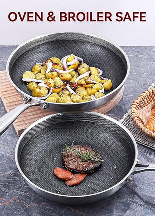 LOLYKITCH 10-12 Inch Hybrid Tri-Ply Stainless Steel Nonstick Chef's Frying Pan Set,Skillets,Induction Cooking Pan,Oven & Dishwasher Safe.