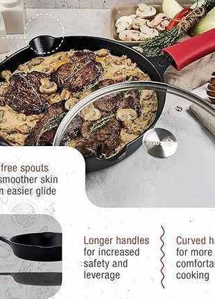 Victoria 12-Inch Cast Iron Skillet Set with Tempered Glass Lid, Large Handle Cover, and Pan Scraper