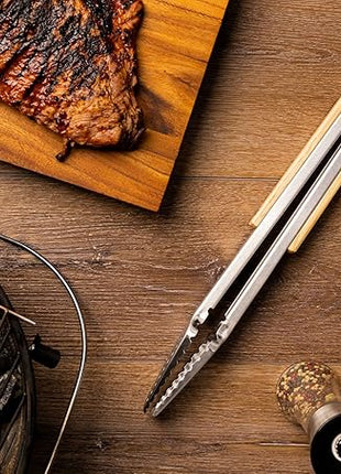 9" Tongs 18/0 Stainless Steel BBQ Grill Tongs with Ergonomic Real Oak Wood Handle for Cooking - Durable Grilling Accessory, Tongs for Cooking & Kitchen, Outdoor Barbecue, Easy to Clean
