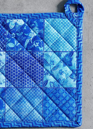 Maison d' Hermine 100% Cotton Oven Mitt & Pot Holder Set (7.5"x13" & 8"x8") Heat Resistant BBQ Cooking Gloves with Loop, Baking, Grilling, Kitchen, Handling Hot Pans Spring/Summer (Indigo Love)