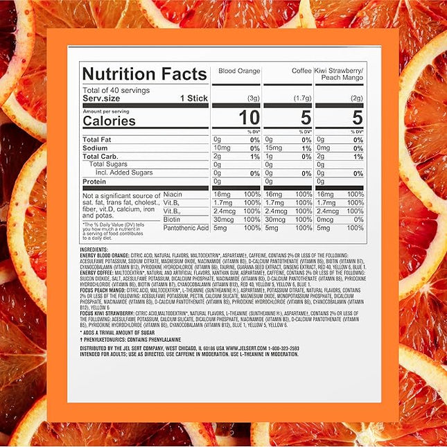 PURE KICK Energy and Focus Singles To Go Drink Mix Variety Pack,Blood Orange, Coffee, Strawberry Kiwi and Peach Mango, 40 Count (Pack - 1)