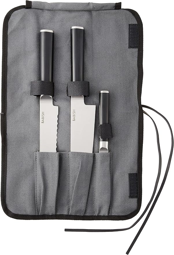 Babish German High-Carbon 1.4116 Steel Cutlery Knife Set, 3-Piece (Chef, Bread, & Pairing Knive) w/Kitchen Knives Roll