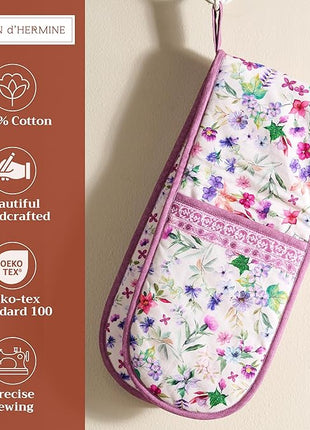 Maison d' Hermine Double Oven Mitts 100% Cotton 7"x35" Double Oven Mitt Heat Resistant BBQ Cooking Gloves with Loop, Baking, Grilling, Home, Kitchen, Handling Hot Pans Spring Summer (Chardon)