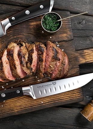 Dalstrong Steak Knife Set - 4-Piece - 5 inch Straight - Gladiator Series Elite - Forged German High-Carbon Steel - Black G10 Handle - Sheaths - Dinner Set - NSF Certified