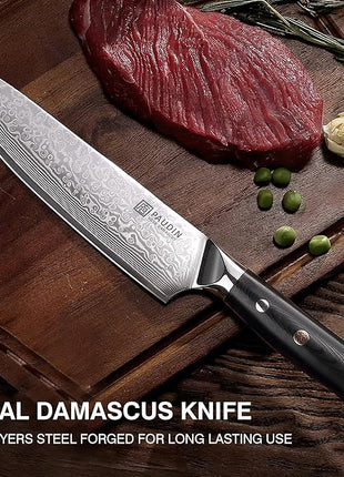 PAUDIN Damascus Chef Knife, 8 Inch Kitchen Knife, 67 Layers Damascus Steel Knife Japanese VG10 Core, Professional Chefs Knife with Ergonomic G10 Handle