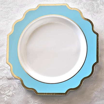 " OCCASIONS " 240 Plates Pack (120 Guests) Heavyweight Wedding Party Disposable Plastic Plates Set -120 x 10.5'' Dinner + 120 x 8'' Salad/Dessert Plate (Imperial Aqua/Gold)