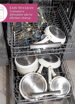 Paris Hilton Epic Nonstick Pots and Pans Set, Multi-layer Nonstick Coating, Tempered Glass Lids, Soft Touch, Stay Cool Handles, Made without PFOA, Dishwasher Safe Cookware Set, 12-Piece, Cream