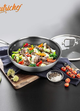 NutriChef 8" Stainless Steel Frying Pan - Triply Kitchenware Stir Fry Pan Kitchen Cookware w/DAKIN Etching Non-Stick Coating, Scratch-resistant Raised-up Honeycomb Fire Textured Pattern - NC3PL8