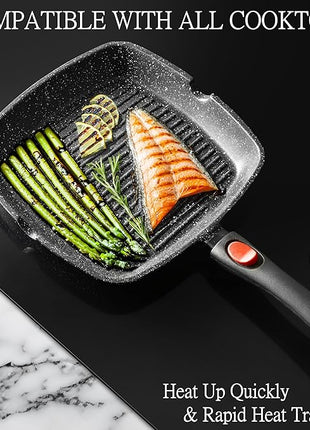 Moss & Stone Square Grill Pan for Indoor Cooking, 11-Inch Nonstick Griddle Skillet with Removable Handle, RV Die-Cast Aluminum Stove Top Grill Pan for Meats & Vegetables, Detachable Handle