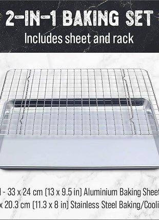 Checkered Chef Quarter Sheet Pan with Wire Rack for Cooking - 1/4 Sheet Pan, 13" x 9.5" Aluminum Cookie Sheets and Stainless Steel Cooling Rack for Baking