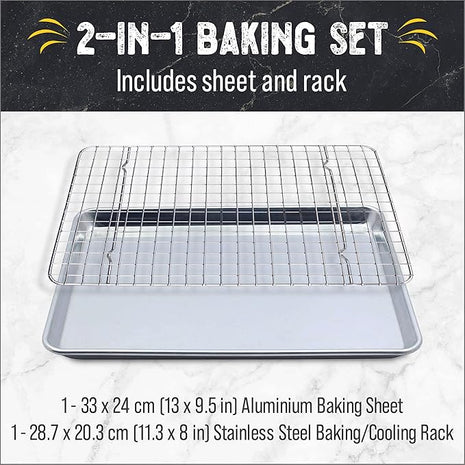 Checkered Chef Quarter Sheet Pan with Wire Rack for Cooking - 1/4 Sheet Pan, 13" x 9.5" Aluminum Cookie Sheets and Stainless Steel Cooling Rack for Baking