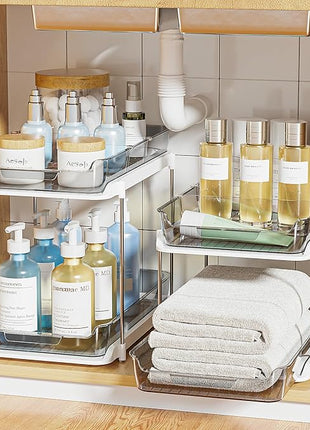 Delamu 2-Tier Multi-Purpose Bathroom Under Sink Organizers and Storage, Stackable Kitchen Pantry Organization, Pull Out Medicine Cabinet Organizer with Movable Dividers, Grey, 2 Pack