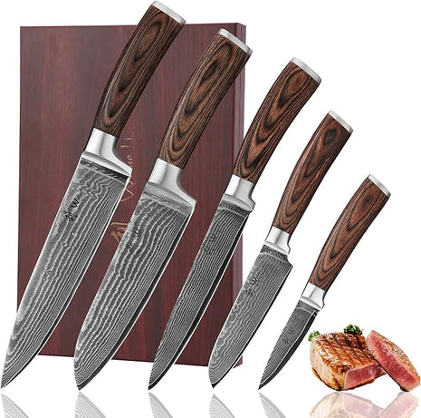 Wakoli EDIB 5-Piece Damascus Knife Set – Professional Chef Knives Set with VG10 Core Blades, 67-Layer Damascus Steel and Ergonomic Pakkawood Handles – Premium Kitchen Knives in Wooden Gift Box