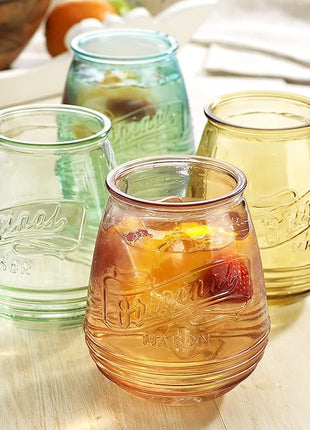 Wine Glasses Set Of 4 Assorted Colored Stemless Glasses 21 OZ. Original Mason Large Wine Cup, Red and White Wine Drinking Water Glasses. Juice, Cocktails, Smoothies, Vintage Bar