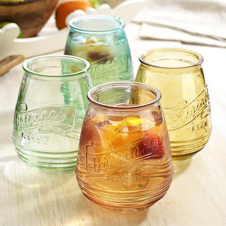 Wine Glasses Set Of 4 Assorted Colored Stemless Glasses 21 OZ. Original Mason Large Wine Cup, Red and White Wine Drinking Water Glasses. Juice, Cocktails, Smoothies, Vintage Bar