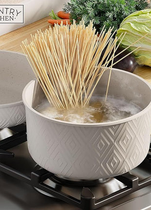 Country Kitchen Cookware Set with Removable Handle, Oven & RV Safe Pots and Pans Set, Cream Rhombus, Original