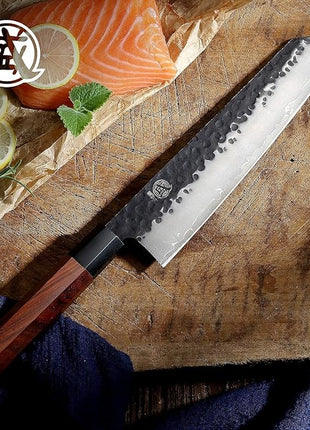 MITSUMOTO SAKARI Kiritsuke Chef Knife 9 inch - Hand Forged Japanese Kitchen Knives, 3-Layer 9CR18MOV High Carbon Steel, Rosewood Handle & Sandalwood Box
