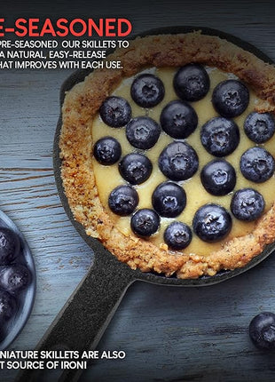 Modern Innovations Mini Black Cast Iron Skillet Set with Silicone Mitt (48 Count) - 3.5 Inch Pans, Pre Seasoned Small Skillets for Baked Cookie/Brownie or Cooked Eggs