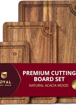 ROYAL CRAFT WOOD Acacia Wood Cutting Boards Set of 3 – Premium Wooden Cutting Boards for Kitchen Meal Prep & Serving - Charcuterie & Chopping Butcher Block for Meat with Deep Juice Groove Side Handles