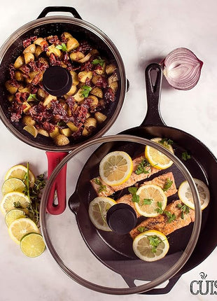 Cuisinel Cast Iron Skillet Set - 10" + 12" Frying Pan + Glass Lids + 2 Handle Cover Grips - Pre-Seasoned Oven Cookware - Indoor/Outdoor Use - Grill, Stovetop, Induction, BBQ, Camping, Fire Use