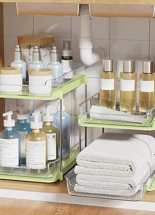 Delamu 2-Tier Multi-Purpose Bathroom Under Sink Organizers and Storage, Stackable Kitchen Pantry Organization, Pull Out Medicine Cabinet Organizer with Movable Dividers, Green, 2 Pack