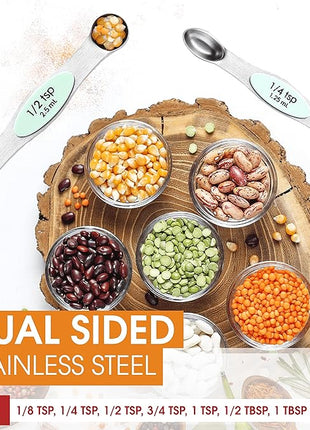 Spring Chef Stainless Steel Magnetic Measuring Spoons Set of 8 with Leveler, Nesting Metal Teaspoon & Tablespoon Measuring Spoons, Kitchen Gadgets for Baking & Cooking, Fits in Spice Jars - Mint
