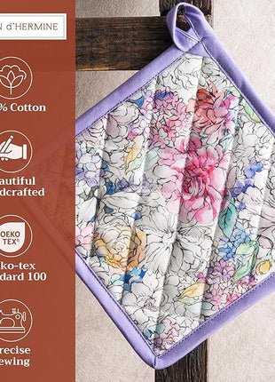 Maison d' Hermine Pot Holders Set 100% Cotton Heat Resistant Potholders 8" x 8" Hot Pads with Loop BBQ, Cooking, Baking, Grilling, Kitchen, Handling Hot Pans Spring/Summer (Pack of 2, Floral Love)