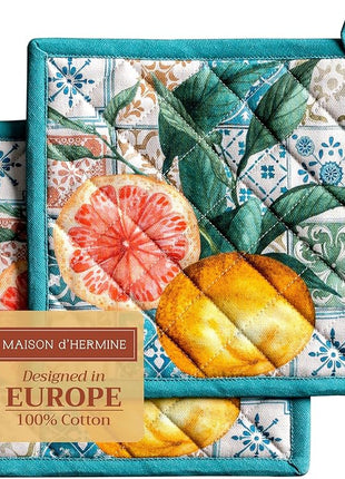Maison d' Hermine Pot Holders Set 100% Cotton Heat Resistant Potholders 8" x 8" Hot Pads with Loop BBQ, Cooking, Baking, Grilling, Kitchen, Handling Hot Pans Spring/Summer (Pack of 2, Agrume)