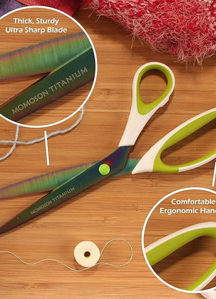 BambooMN Titanium Softgrip Scissors Set for Sewing, Arts, Crafts, Office - 10 sets of 3 - White w/Green Inlays