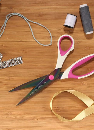 BambooMN Titanium Softgrip Scissors Set for Sewing, Arts, Crafts, Office - 3 Sets of 3 - White w/Pink Inlays