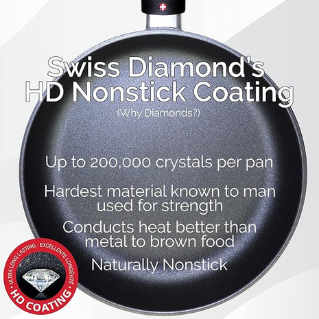 Swiss Diamond 10.25 Inch Frying Pan Nonstick Diamond Frying Pan, Aluminum Coated Skillet, Dishwasher Safe and Oven Safe Fry Pans with Ergonomic Handle, Grey