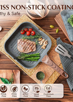 SENSARTE Nonstick Grill Pan for Stove Tops, Versatile Griddle Pan with Pour Spouts, Square Grill Pan for Big Cooking Surface, Durable Grill Skillet for Indoor & Outdoor Grilling. PFOA Free, 11 Inch