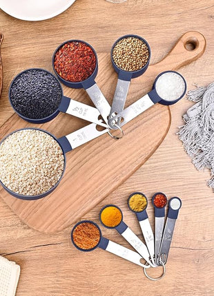 Measuring Cups and Spoons Set, 10 Pieces Nesting Measure Cups and Spoons, Kitchen Essentials Gadgets with Stainless Steel Handle for Dry & Liquid Ingredient, Blue