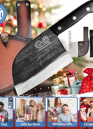 XYJ Authentic Since 1986,Outstanding Ancient Forging,6.7 Inch Full Tang,Serbian Chefs knife,Chef Meat Cleaver,Kitchen Knives,Set with Leather Sheath,Take Carrying,Butcher
